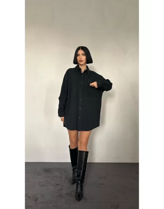 Siyah Çift Cep Kapaklı Çıtçıtlı Gömlek