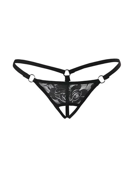 Siyah Dantelli Özel Bölgesi Açık G-String TM1167
