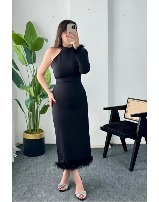 Siyah Eteği Tüllü Tek Kol Elbise
