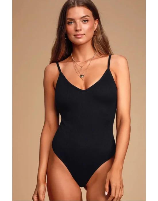 Siyah Ip Askılı Ipek Jarse Bodysuit