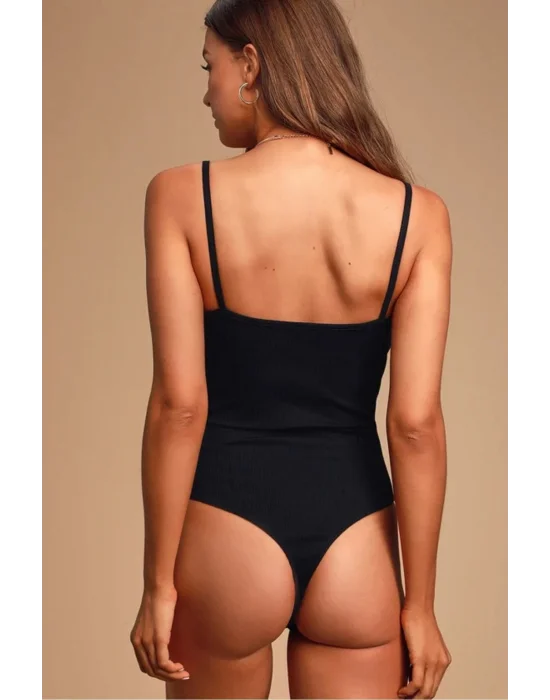 Siyah Ip Askılı Ipek Jarse Bodysuit