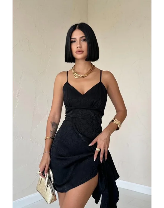 Siyah Jakarlı Asimetrik Elbise