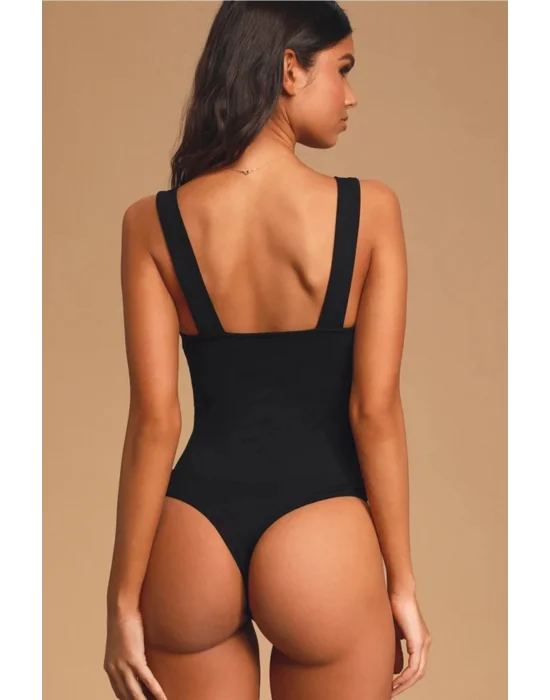Siyah Kalın Askılı Ipek Jarse Bodysuit