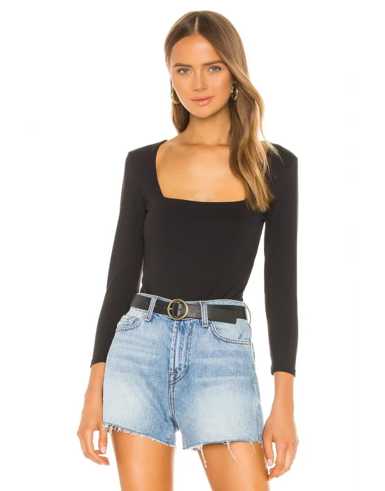 Siyah Kare Yaka Uzun Kol Bodysuit