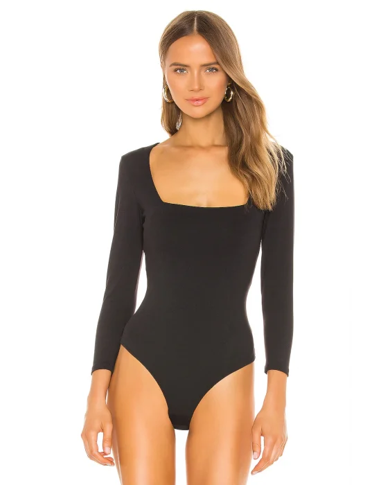 Siyah Kare Yaka Uzun Kol Bodysuit
