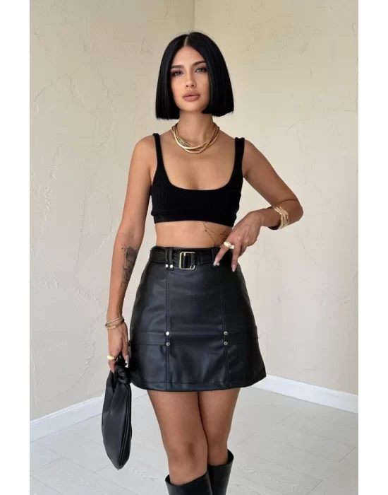 Siyah Kemerli Mini Deri Etek