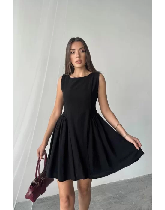 Yeşil Mini Boy Büzgülü Keten Elbise