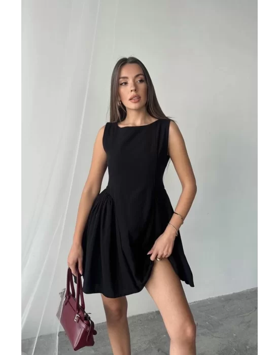 Yeşil Mini Boy Büzgülü Keten Elbise