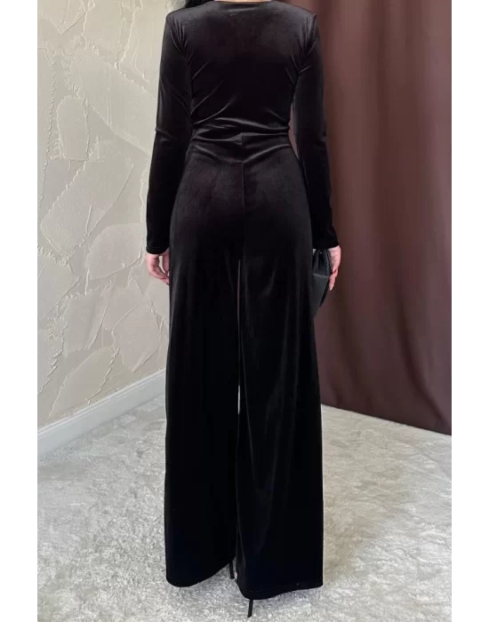 Siyah Önü Tokalı Kadife Tulum