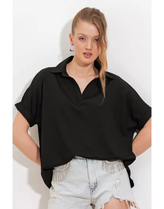 Siyah Oversize Polo Yaka Örme Bluz 0486
