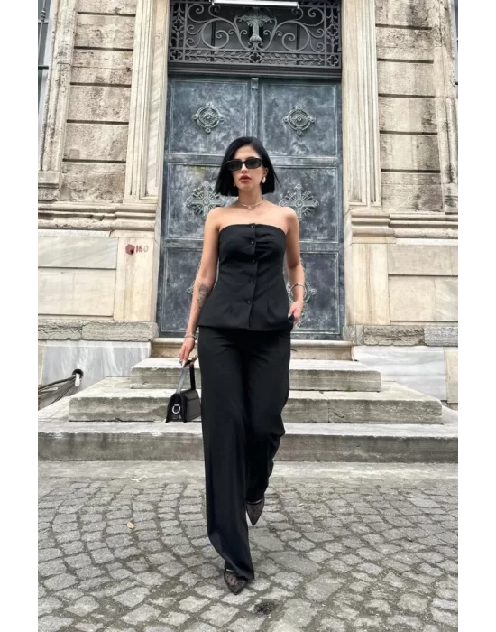 Siyah Straplez Düğmeli Crop Ve Pantolon Takım