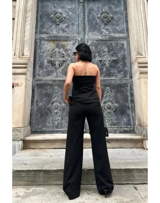 Siyah Straplez Düğmeli Crop Ve Pantolon Takım
