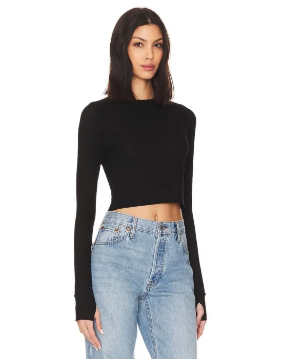 Siyah Uzun Kol Basic Çift Kat Ipek Jarse Crop Top