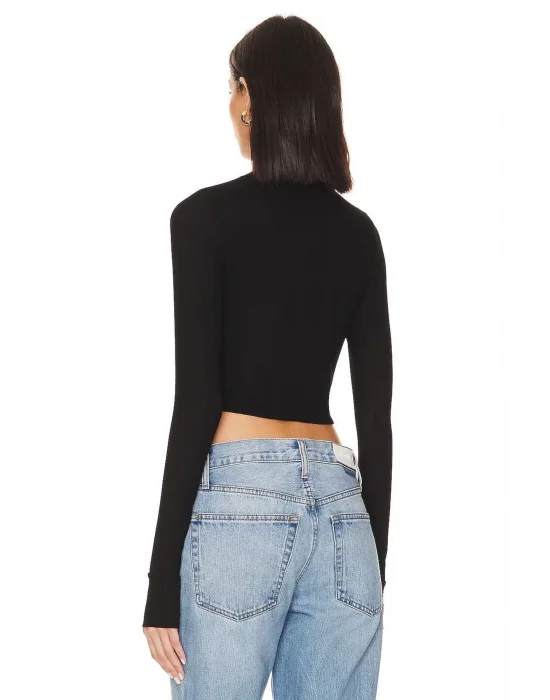 Siyah Uzun Kol Basic Çift Kat Ipek Jarse Crop Top
