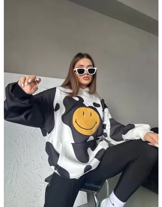 Smiley Face Kapüşonlu Sweatshirt - Siyah