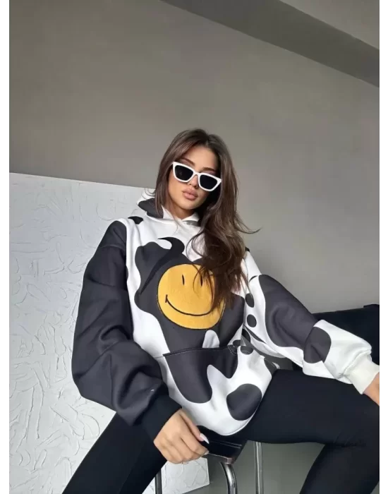 Smiley Face Kapüşonlu Sweatshirt - Siyah