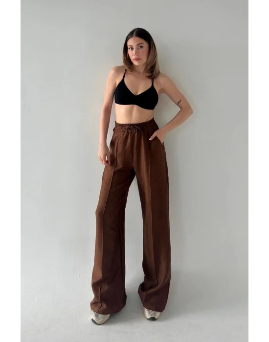 MetuCa Sofia Kadın Kahve Yüksek Bel Beli Lastikli Dökümlü Keten Palazzo Pantolon