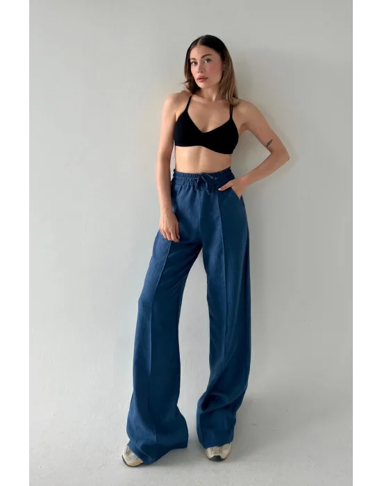 MetuCa Sofia Kadın İndigo Yüksek Bel Beli Lastikli Dökümlü Keten Palazzo Pantolon