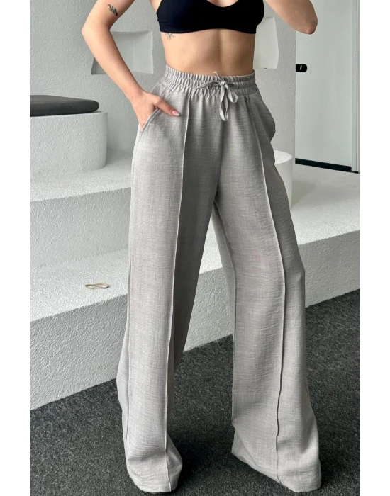 MetuCa Sofia Kadın Gri Yüksek Bel Beli Lastikli Dökümlü Keten Palazzo Pantolon
