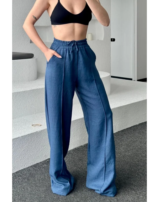 MetuCa Sofia Kadın İndigo Yüksek Bel Beli Lastikli Dökümlü Keten Palazzo Pantolon