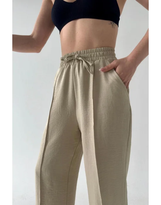 MetuCa Sofia Kadın Bej Yüksek Bel Beli Lastikli Dökümlü Keten Palazzo Pantolon