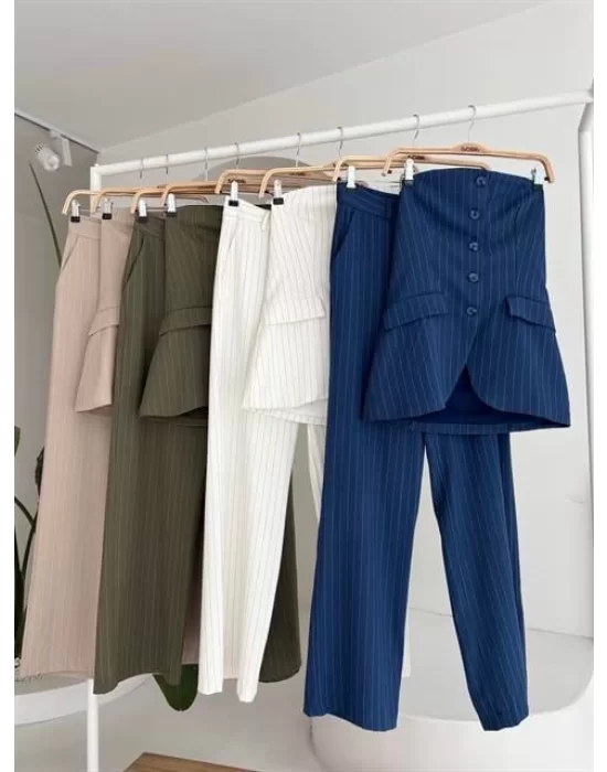 Straplez Büstiyerli Plazzo Pantolonlu Çizgili Takım 10151