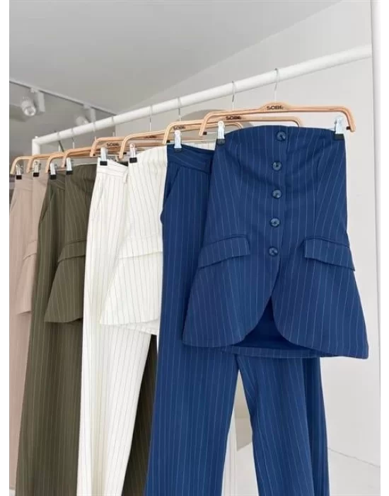 Straplez Büstiyerli Plazzo Pantolonlu Çizgili Takım 10151