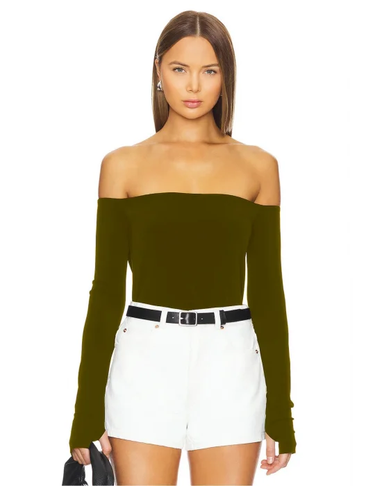 MetuCa Kadın Haki Madonna Yaka Uzun Kollu Parmak Geçmeli Sandy Kumaş Bluz