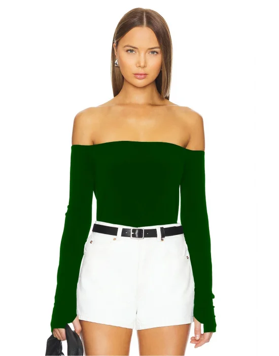 MetuCa Kadın Koyu Yeşil Madonna Yaka Uzun Kollu Parmak Geçmeli Sandy Kumaş Bluz