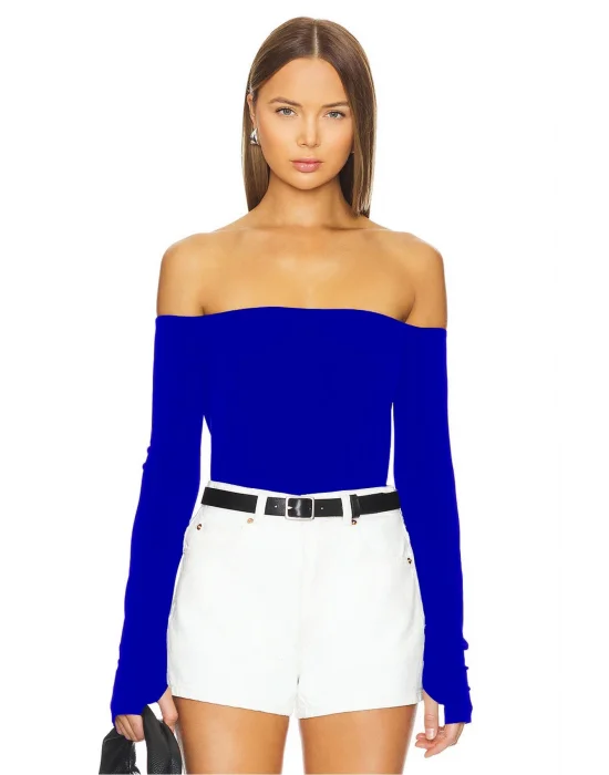 MetuCa Kadın Mavi Madonna Yaka Uzun Kollu Parmak Geçmeli Sandy Kumaş Bluz