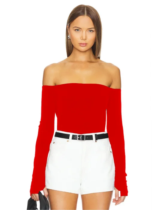 MetuCa Kadın Kırmızı Madonna Yaka Uzun Kollu Parmak Geçmeli Sandy Kumaş Bluz