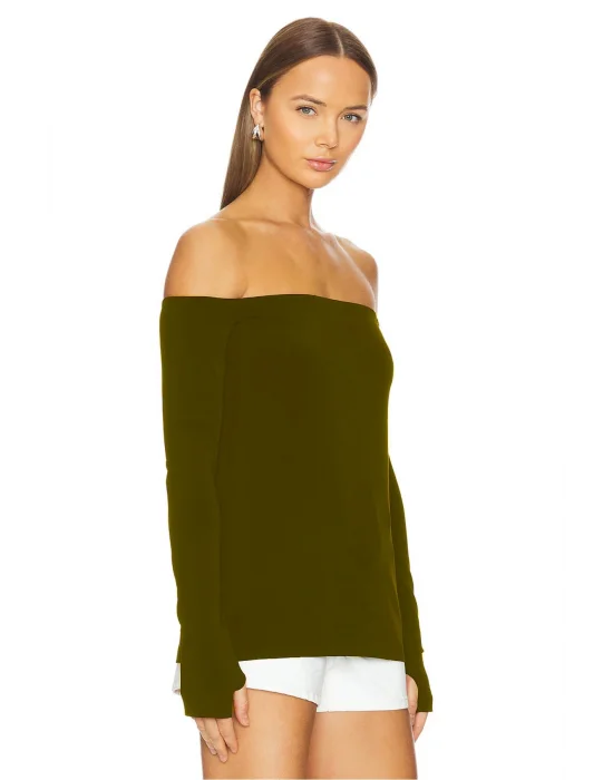 MetuCa Kadın Haki Madonna Yaka Uzun Kollu Parmak Geçmeli Sandy Kumaş Bluz