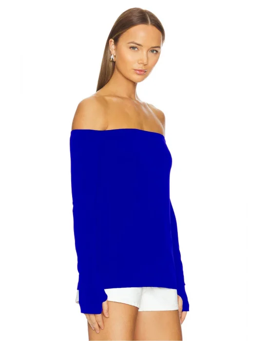 MetuCa Kadın Mavi Madonna Yaka Uzun Kollu Parmak Geçmeli Sandy Kumaş Bluz