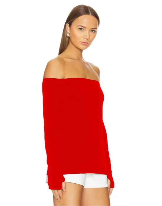 MetuCa Kadın Kırmızı Madonna Yaka Uzun Kollu Parmak Geçmeli Sandy Kumaş Bluz