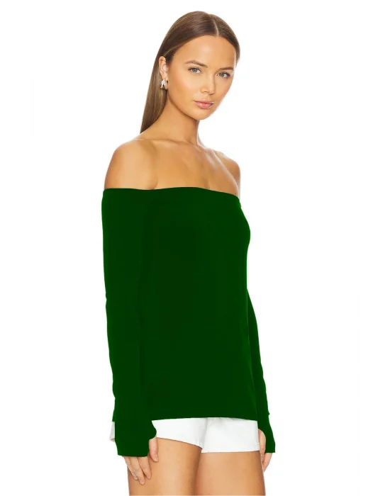 MetuCa Kadın Koyu Yeşil Madonna Yaka Uzun Kollu Parmak Geçmeli Sandy Kumaş Bluz