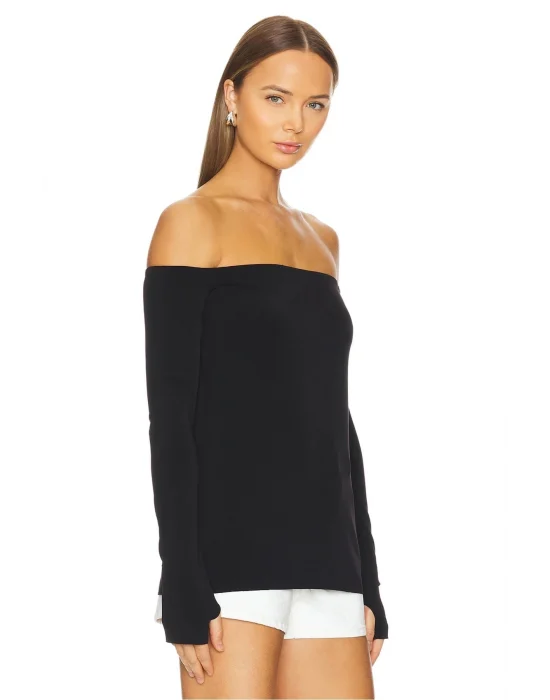 MetuCa Kadın Siyah Madonna Yaka Uzun Kollu Parmak Geçmeli Sandy Kumaş Bluz