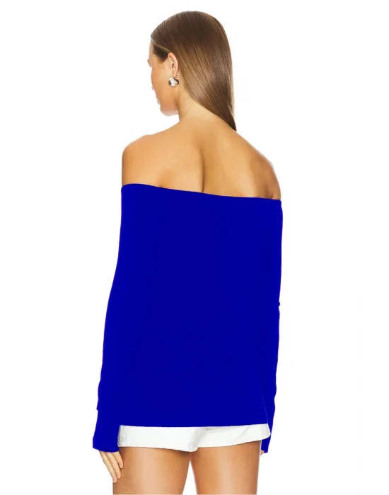 MetuCa Kadın Mavi Madonna Yaka Uzun Kollu Parmak Geçmeli Sandy Kumaş Bluz