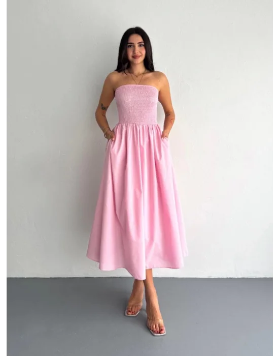 Straplez Pileli Elbise - Pembe
