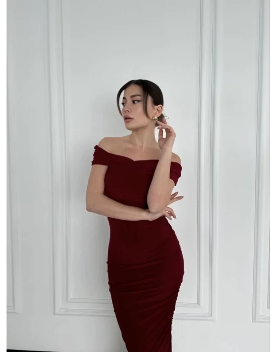Striptiz Omuzlu Uzun Elbise- Bordo