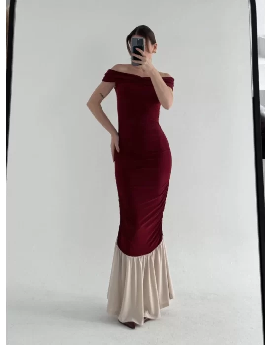 Striptiz Omuzlu Uzun Elbise- Bordo