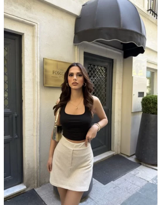 Su Yolu Çizgili Kolay Kombinle Ne Bilir Mini Boy Etek - Bej