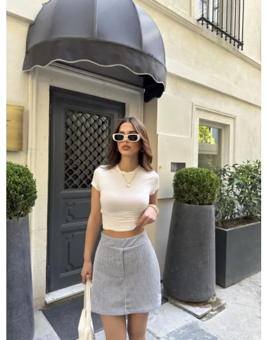 Su Yolu Çizgili Kolay Kombinle Ne Bilir Mini Boy Etek - Füme