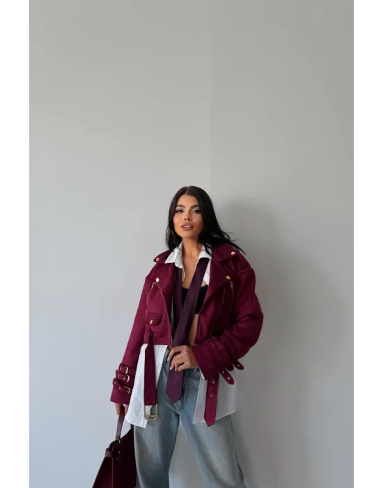 SÜET CROP CEKET KOL 3 KEMER DETAYLI - Bordo