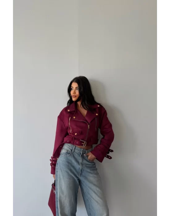 SÜET CROP CEKET KOL 3 KEMER DETAYLI - Bordo