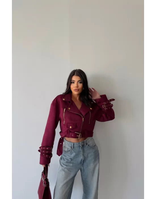 SÜET CROP CEKET KOL 3 KEMER DETAYLI - Bordo