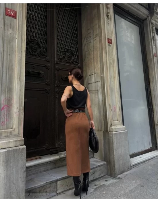 SÜET KALEM ETEK YIRTMAÇ DETAYLI - Taba