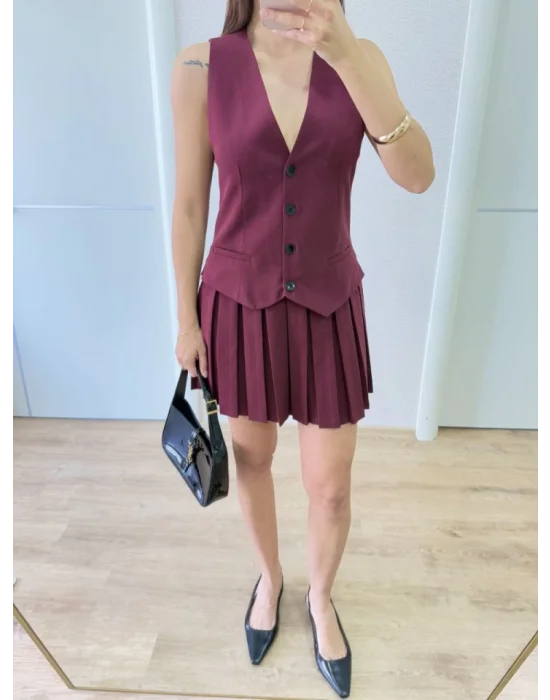 Takım Görünümlu Yelekli Mini Elbise- Bordo