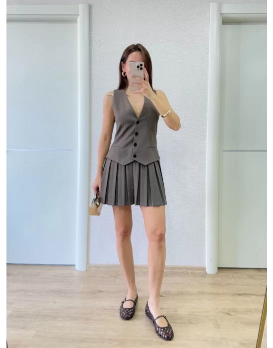 Takım Görünümlu Yelekli Mini Elbise- Füme