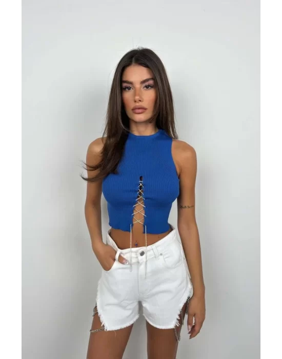 Taş Detay Dekolteli Crop Bluz