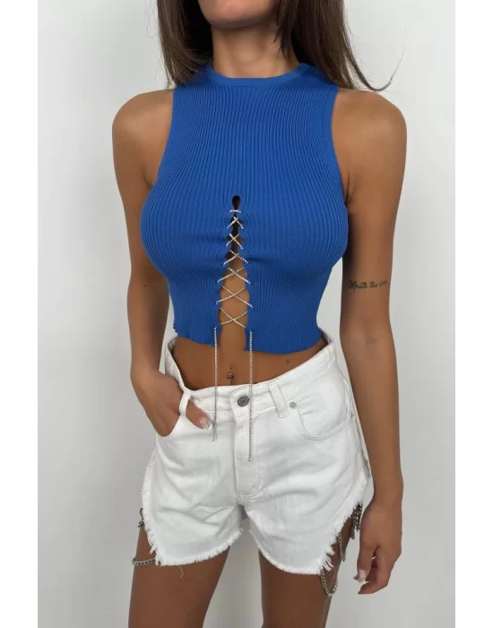 Taş Detay Dekolteli Crop Bluz